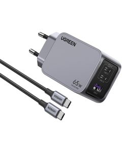 UGREEN Nexode Pro zidni punjač 65W, 2x USB-C, USB-A, USB-C kabel, GaN, sivi