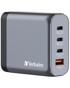 Verbatim GNC-140 GaN zidni punjač 140W, 4 priključka, 2×USB-C PD 140W / 1×USB-C PD 20W / 1×USB-A QC 3.0