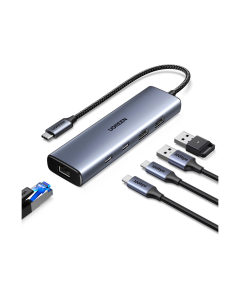 UGREEN 6-portni USB-C HUB na 1xUSB-A 3.2, 2xUSB-C 3.2, 1xUSB-A 2.0, 1xUSB-C za napajanje, 1x RJ45 konektor, sivi
