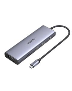 UGREEN 10-portni USB-C HUB 3×USB-A 3.0, 1xUSB- C PD, VGA, 4K, HDMI, 1xG-LAN, 1xSD, 1xTF, 3.5mm, sivi