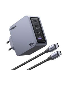 UGREEN Nexode Pro zidni punjač 160W, 3×USB-C/1×USB-A, USB-C kabel, GaN, sivi