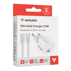 Verbatim Mini GaN punjač 20W PD3.0  s kabelom USB-C 1.0m , bijeli