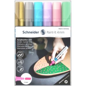 Flomaster Schneider, akrilni marker, Paint-It 320, 4 mm, pastelne boje + zlatna i srebrna 6/1