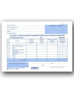 I-647 IZVJEŠĆE O OBRAČUNANOM POSEBNOM POREZU NA LUKSUZNE PROIZVODE (Obrazac I - LUX); Komplet 2 lista, 21 x 14,8 cm