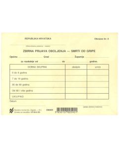 III-6-103 ZBIRNA PRIJAVA OBOLJENJA - SMRTI OD GRIPE (Obrazac 6); Kartica, 14,8 x 10,5 cm