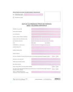 V-429/TO ZAHTJEV ZA PRIZNAVANJE PRAVA NA naknadu zbog tjelesnog oštećenja List, 21 x 29,7 cm