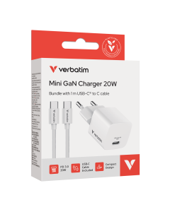 Verbatim Mini GaN punjač 20W PD3.0  s kabelom USB-C 1.0m , bijeli