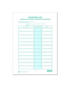 XII-69 NADZORNI LIST ODRŽAVANJA ZAHODA I PREDPROSTORA ZAHODA; List, 21 x 29,7 cm