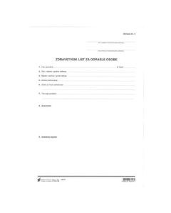 XVI-106 ZDRAVSTVENI LIST ZA ODRASLE OSOBE (Obrazac 4); Komplet (arak + list), 21 x 29,7 cm