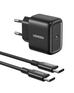 UGREEN zidni punjač 25W, USB-C, PD3.0/QC4.0, crni + USB-C/USB-C kabel 2.0m