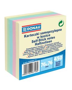 Blok kocka samoljepiva Donau 76x76 mm, 450 listića, 4 pastel boje, 5 slojeva