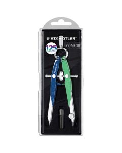 Šestar s preciznim podešavanjem Mars Comfort, Steadtler 556 00-MA1 plavo-zeleni blister; metalni; maksimalan promjer kružnice 225 mm; duljina šestara: 154 mm; zamijenjiva mina (0,4 mm) i igla (uključujući i dio krakova); sadrži: kutiju za mine; u PVC kuti