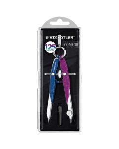 Šestar s preciznim podešavanjem Mars Comfort, Steadtler 556 00-MA2 plavo-ljubičasti blister; metalni; maksimalan promjer kružnice 225 mm; duljina šestara: 154 mm; zamijenjiva mina (0,4 mm) i igla (uključujući i dio krakova); sadrži: kutiju za mine; u PVC 